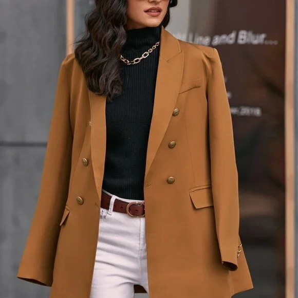 Khaki Elegant Women's Double Breasted Flap Detail Blazer Workwear - Picture 3 of 6